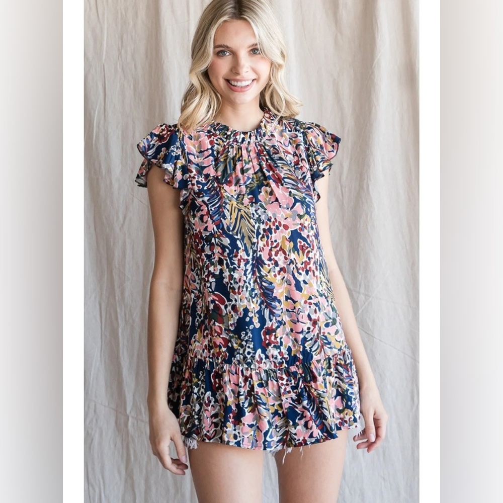 JODIFL Navy Floral Ruffle Sleeve Tunic